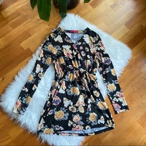 BOOHOO Black Floral Wrap Elastic Waist Dress